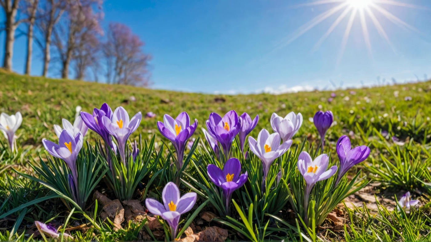 Scenic Spring Landscape With Blue Sky With Sunlight, And Spring Flowers Crocus Blossoms On Grass.